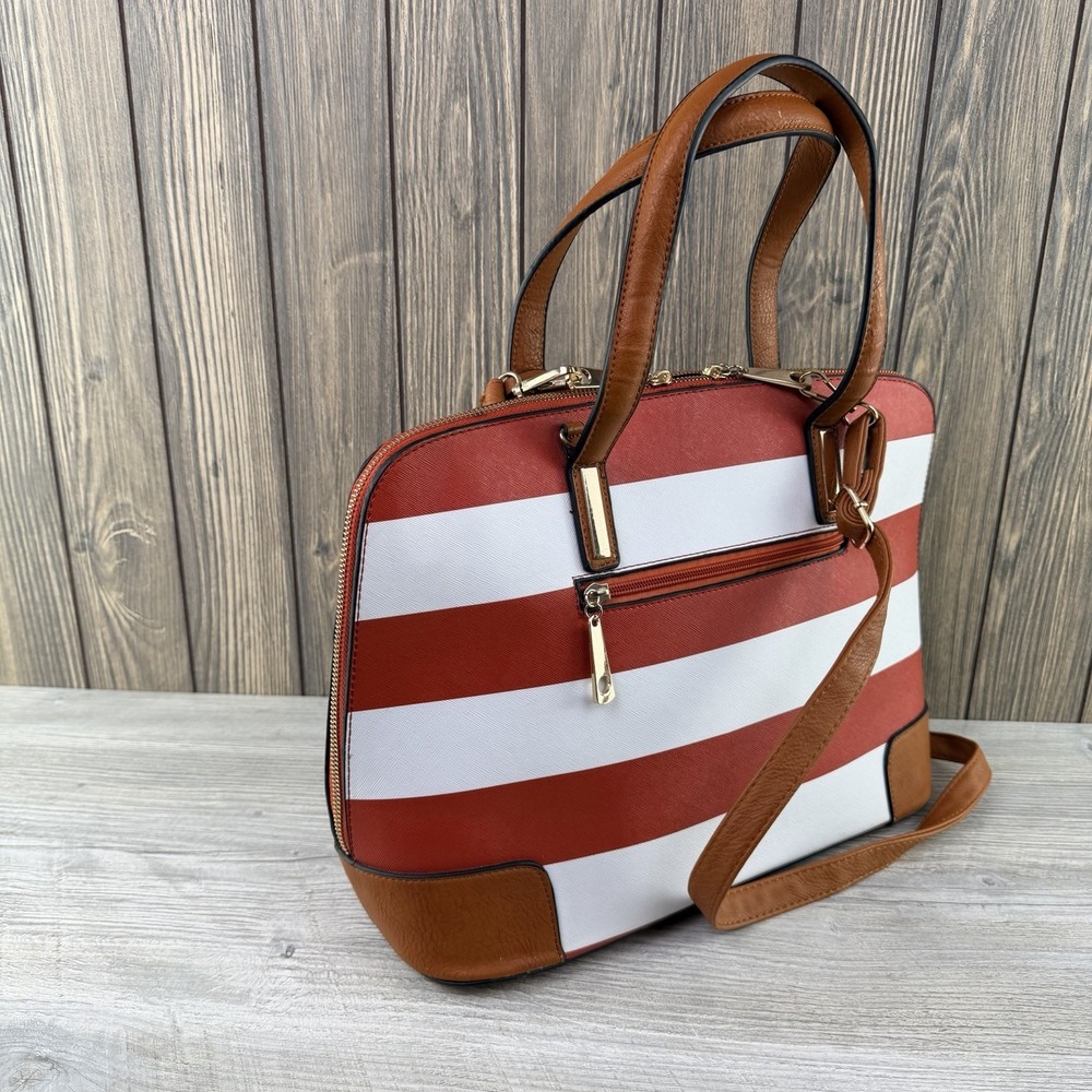 Michael Kors Red White Striped Satchel Crossbody Bag Gold Tone Charm Purse - Picture 8 of 16